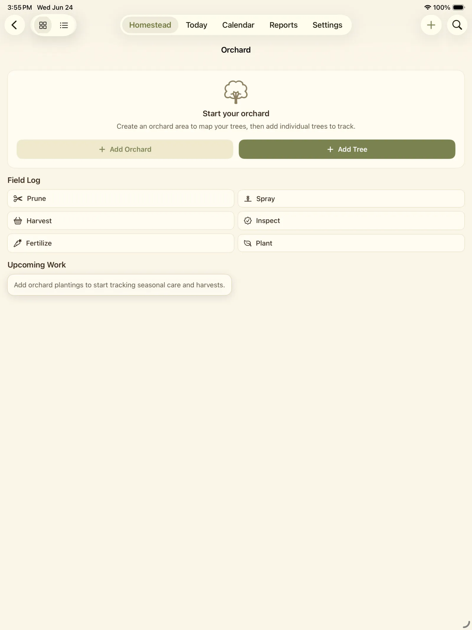 Orchard screen with empty state and options to add orchard plants or layout details.